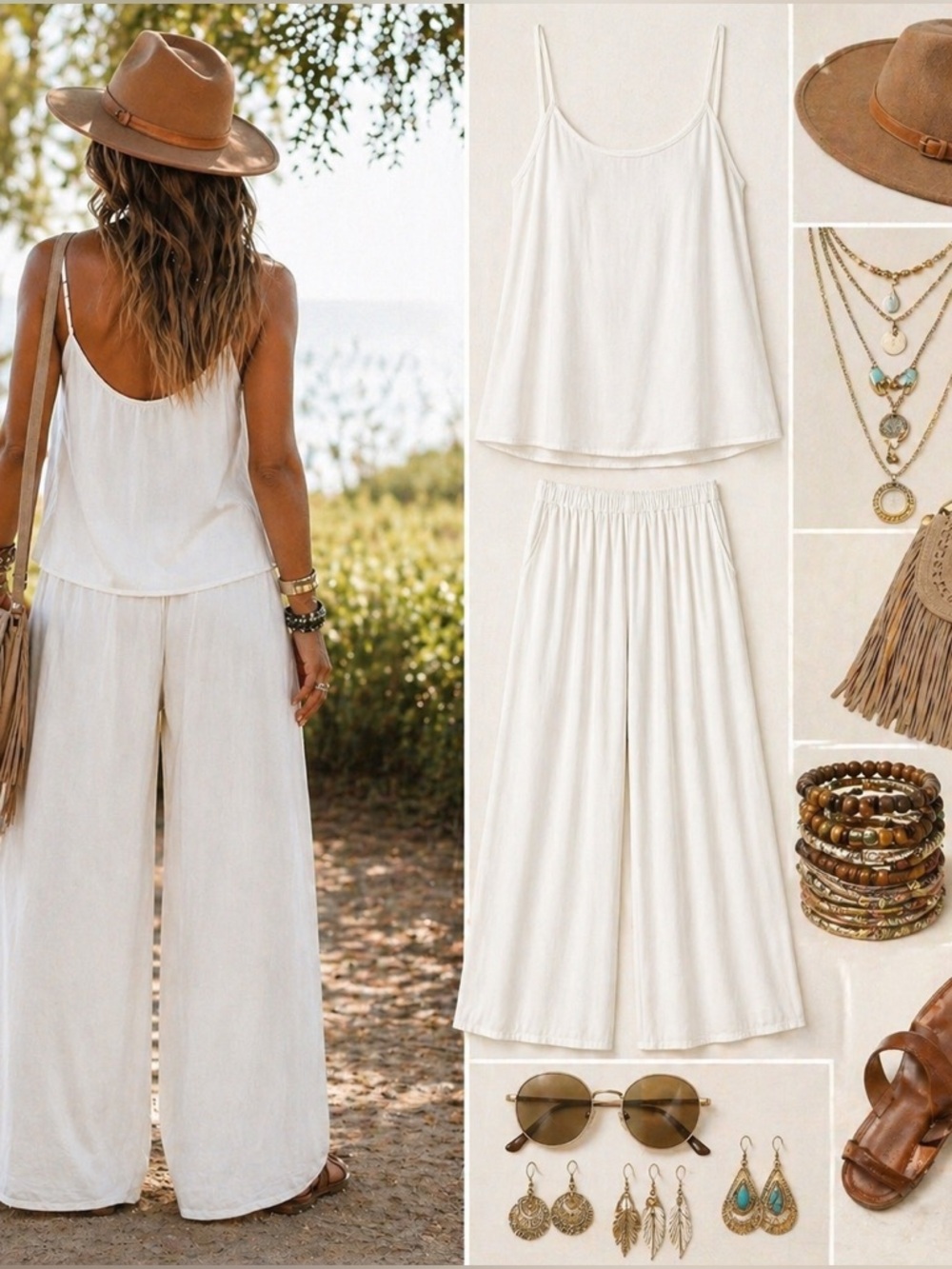 ZENANA Ivory Boho Chic Lounge Pants and Cami Top Set Size Large NWT - Picture 6 of 7